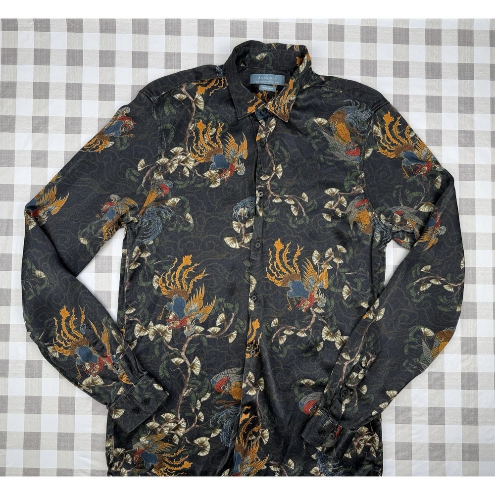 Zara Man Crane Print Shirt Medium Dark Academia Japanese Style